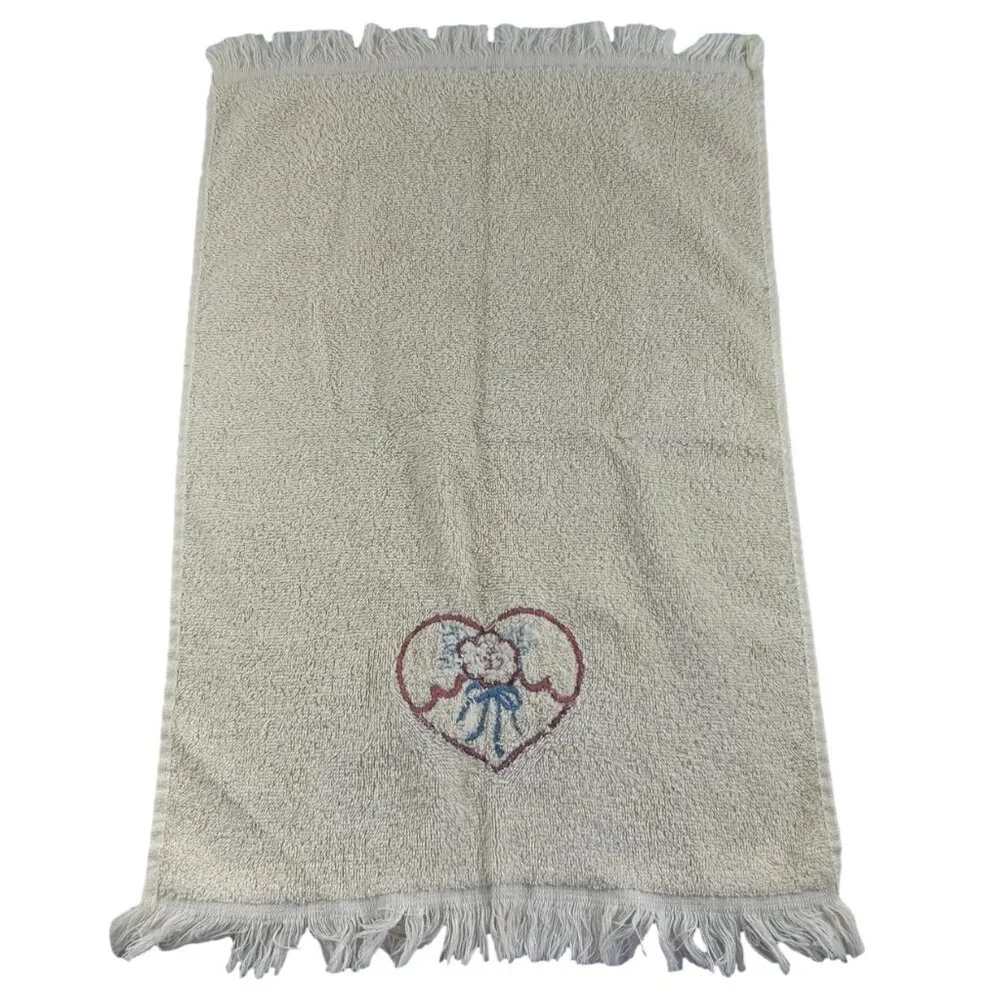 Vintage Hand Towel Heart Applique Cottagecore Pink Blue Flower Bow Fringe